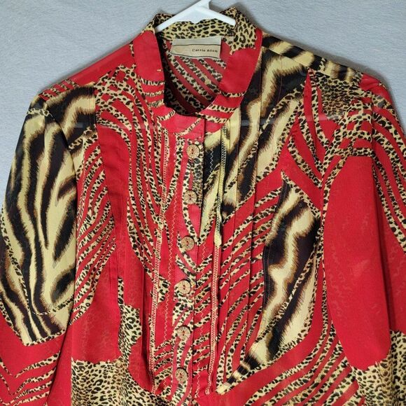Carrie Allen Animal Print Button Up Blouse Women M Red Leopard LS Sheer Mob Wife - Picture 3 of 13